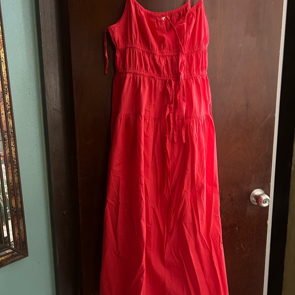 Bright Red Tiered Maxi Dress with Adjustable Tie
